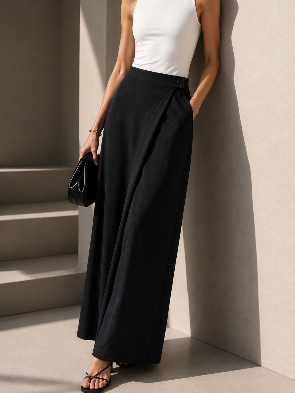 OAK + FORT Black Wrap Pants | Wide-Leg Skirt-Look Trousers